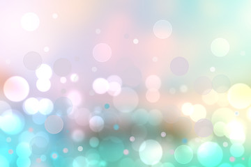 Abstract blurred fresh vivid spring summer light delicate turquoise pink pastel bokeh background texture with bright circular soft color lights. Card concept. Beautiful backdrop illustration.