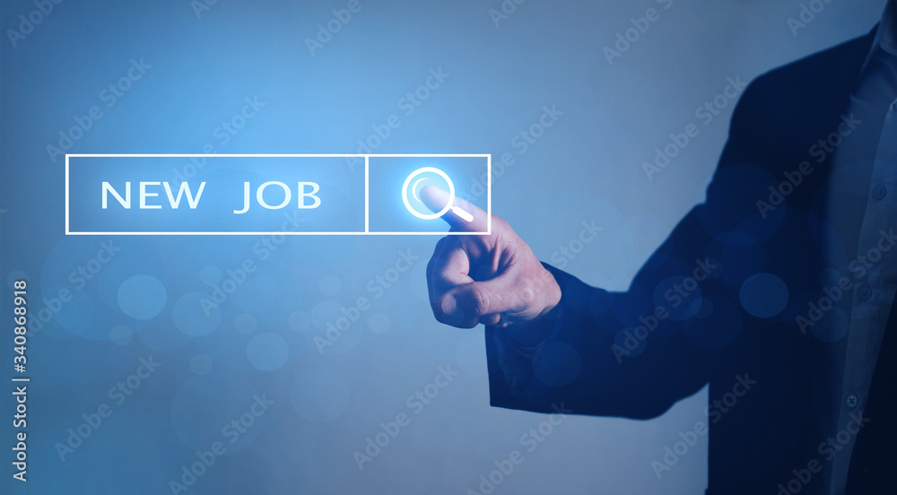 Poster Man searching for a new job.Person which click on virtual button with text find New job. Job search concept.