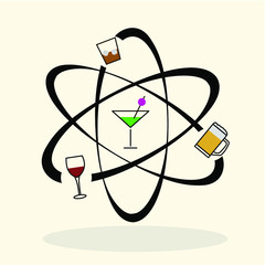 Vector alcohol in atom. Logotoip of bar, beer, whisky, wine, cocktail, minimalism, sign