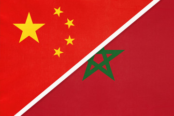 China or PRC vs Morocco national flag from textile. Relationship between Asian and African countries.