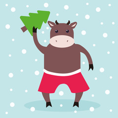 Cartoon bull on a blue background holds a Christmas tree. Vector illustration of a cheerful bull with brown color and in red shorts. Snowing