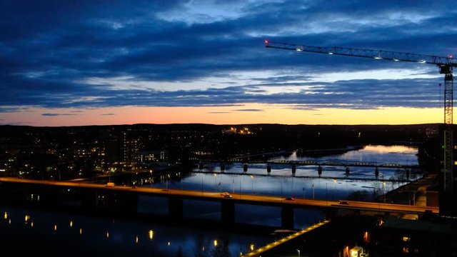 Umea river and bridges at sunset, Umea, Vasterbotten, Sweden