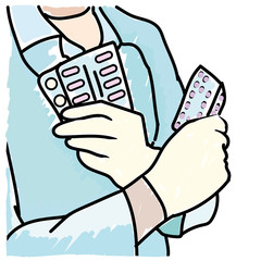Close-up doctor's hands in gloves hold pills. The doctor in a blue coat holds drugs for coonavirus. Traditional style vector illustration