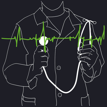 White outline of a doctor with a stethoscope in a medical gown against a dark background. Measures pulse, heartbeat. Green fibrillation. Vector illustration