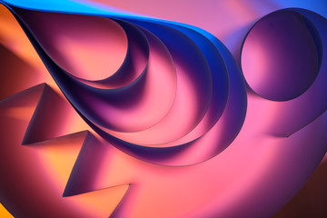 Curved and folded sheets of paper with colourful backlight forming abstract background