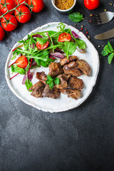 liver cream stew, creamy sauce (chicken liver, healthy diet eating) keto or paleo diet
menu concept background. top view. copy space for text