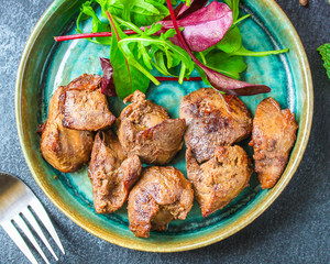 liver cream stew, creamy sauce (chicken liver, healthy diet eating) keto or paleo diet
menu concept background. top view. copy space for text