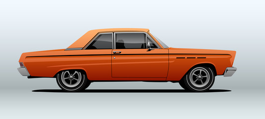 Orange muscle car, view from side with perspective, vector illustration.
