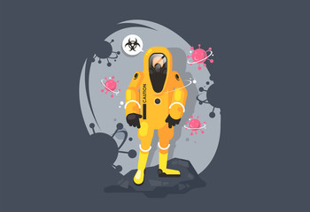disinfector in a chemical protection suit. Protection from the virus. Biological hazard. Coronavirus.