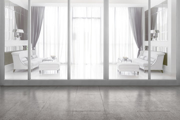 Luxury couch with window and door of glass