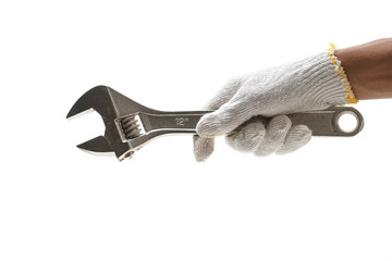 Holding spanner on isolated white background. 