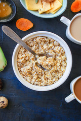 breakfast (oatmeal porridge, dairy products and more, snack) menu concept background. top view. copy space for text