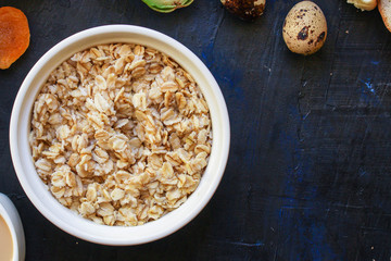breakfast (oatmeal porridge, dairy products and more, snack) menu concept background. top view. copy space for text