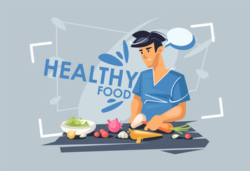 a young guy is preparing lunch. Healthy diet. Healthy vegetarian food.