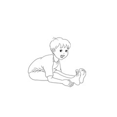 Kids Yoga - Joga für Kinder, Asana Muschel, horizontal Banner Design Concept Cartoon. Junge barfuß in Yoga Haltung, macht fröhliches Gesicht. Yogi Logo auf Hintergrund in weiß.