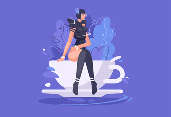Beautiful fashion model sitting on a huge tea Cup. Concept vector illustration.