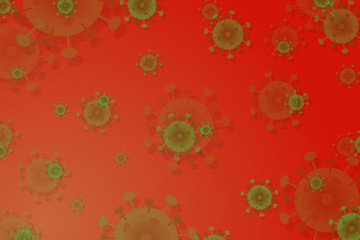 Hand drawing. Many green virus on red background. Covid-19, Coronavirus. Abstract background. Healthcare, Scientist concept. Copy space.