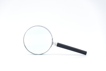 Black handle and metal rim Magnifying glass on a white background