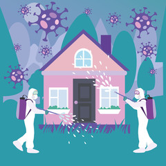 A pink residential building with a purple roof stands in the forest. Two people in protective suits disinfect the yard from a virus or radiation. Housing treatment during the nCoV-19 pandemic