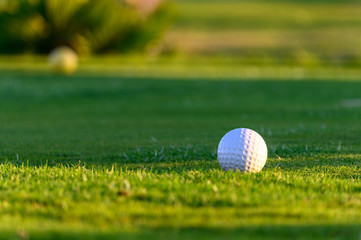 Excellent well-kept green grass lawn on large golf course, green section with big white foam ball for beginners on Tenerife island, Canary, Spain