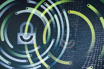 black and white double digital padlock. two lock icon and circular power lines circling the lock imprinted over one and zero computer language. cyber security and digital information concepts.