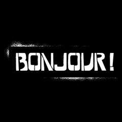 Bonjour stencil graffiti lettering on black background. Greeting in french language design  templates for greeting cards, overlays, posters