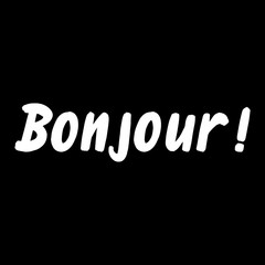 Bonjour brush paint hand drawn lettering on black background. Greeting in french language design templates for greeting cards, overlays, posters