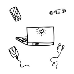 A set of computer hardware elements. Doodle set of elements consisting of a laptop, computer mouse, USB flash drive, headphones.