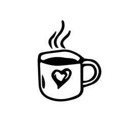 Logo of a mug with a hot drink and steam. Doodle illustration of a Koch tea Cup. Vector mug with a heart on a white background with a hot drink