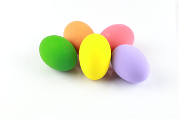 Colorful easter eggs isolated on a white, focus on yellow egg