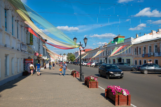 MUROM, RUSSIA - AUGUST 24, 2019:  View of Moscow street in the city center on a summer day