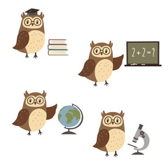 Set of cute wise owls with school elements. Vector illustration.