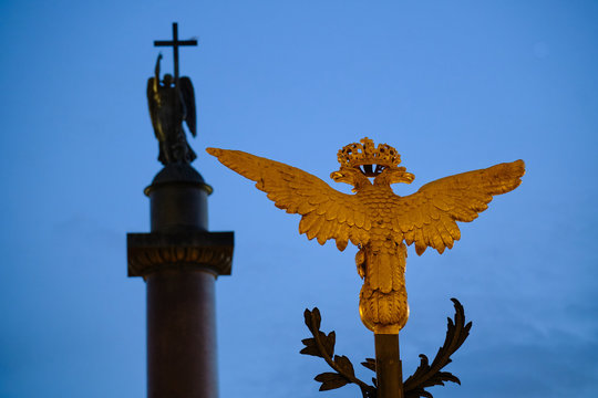 Russia, St.Peterburg. Golden double-headed eagles on the main forged gate of the State Hermitage