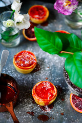 Semolina almond and blood orange syrup cake..selective focus