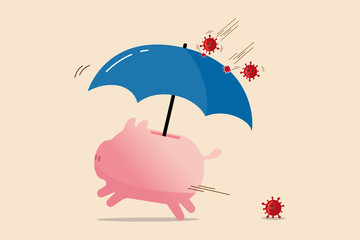COVID-19 disease protection, Coronavirus insurance or financial and investment safety in Coronavirus pandemic crisis concept, piggy bank with protection umbrella to protect from virus pathogen impact.