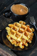 Belgian or american waffles (delicious sweet dish, dessert snack) menu concept. background. top view. copy space for text
