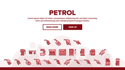 Petrol Station Tool Landing Web Page Header Banner Template Vector. Automobile Petrol Fuel Service Equipment And Nozzle, Gas, Diesel And Electricity Illustrations
