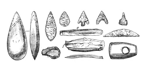 Tools of the Neolithic period in the old book the Antropology, by E. Tailor, 1882, St. Petersburg - obrazy, fototapety, plakaty