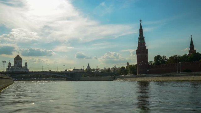 Timelapse. Ships pass along the Moscow River against the background of the Moscow Kremlin and the Cathedral of Christ the Savior.