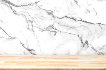 Abstract Natural wood table texture on white marble background : Top view of plank wood for graphic stand product, interior design or montage display your product