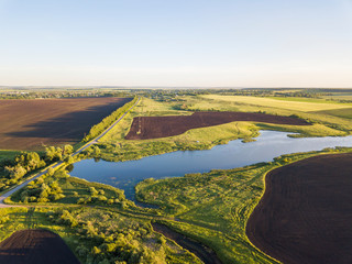 Road through fields, aerial view