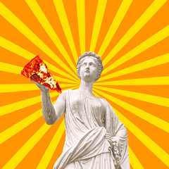 Contemporary art collage.  Statue with pizza. Pizza lover concept
