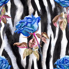 Fototapeta na wymiar Seamless pattern of blue roses on a background of zebra skin, watercolor illustration, print for fabric and other designs.