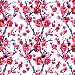 Seamless pattern of flowering branches of wild plum meihua on a white background, watercolor illustration, print for fabric and other designs.