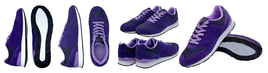 Pair of purple sport shoes on isolated on white background with clipping path. Blank new sneakers, copy space. Male shoes
