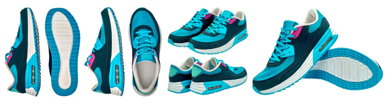 Pair of blue sport shoes on isolated on white background with clipping path. Blank new sneakers, copy space. Running shoes