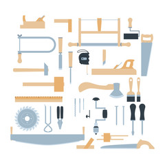 Fototapeta premium Woodwork tool kit. Set of hand carpentry equipment in flat style. Vector illustration isolated on white background