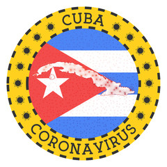 Coronavirus in Cuba sign. Round badge with shape of Cuba. Yellow country lockdown emblem with title and virus signs. Vector illustration.