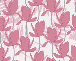 Vector white seamless pattern background with magnolias. 