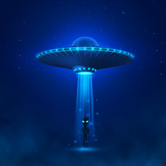 UFO with ray of light fly in night sky. alien landing or invasion. Alien with big green eyes standing in fog. Sci-fi concept. Vector illustration